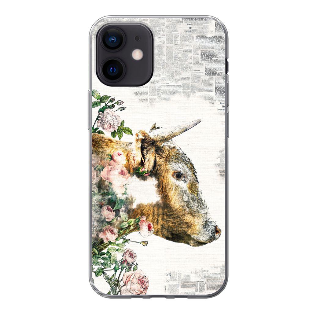 MuchoWow Handyhülle Schutzhülle Hülle für iPhone 12 Schottischer Highlander - Farbe - Blumen Silikon Softcase Handy Hülle - Schutzhülle