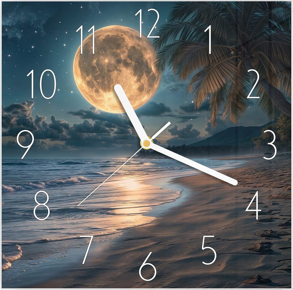 Wanduhr aus Glas mit Motiv Mondnacht am Strand- 30 x 30 cm - inkl. Aufhängesystem