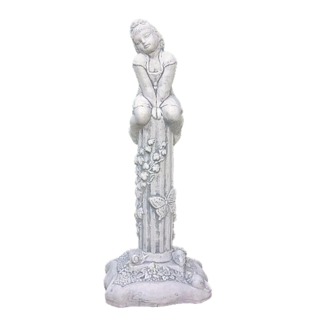 Schöne Figur Sophie auf Säule, aus Steinguss Neu Frostfest Witterungsbeständig, Junge Frau sitzt auf Baumstumpf Steinfigur Gartenfigur PO-1029