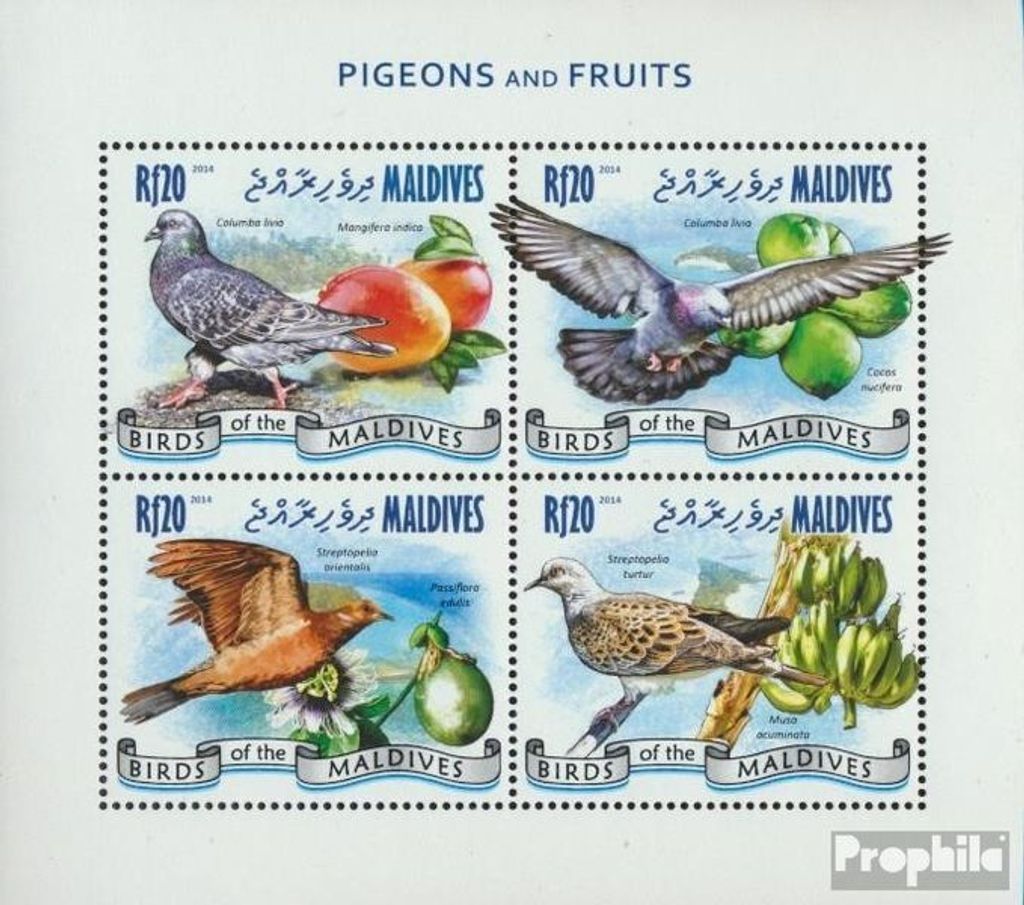 Briefmarken Malediven 2014 Mi 5445-5448 Kleinbogen (kompl. Ausg.) postfrisch Tauben und Früchte