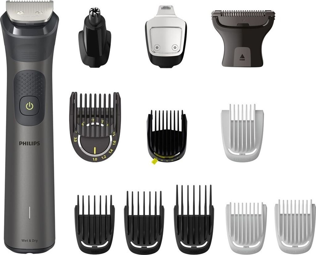 A collection of grooming attachments and a trimmer are displayed against a white background.