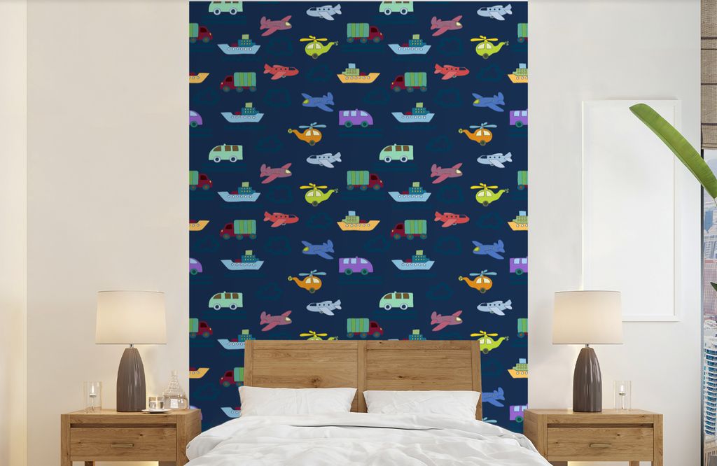 MuchoWow Fototapete für Wohnzimmer oder Schlafzimmer Wandtapete Vinyl Motivtapete Muster - Flugzeug - Boot - Lastwagen - Junge - Kinder - Kinder...