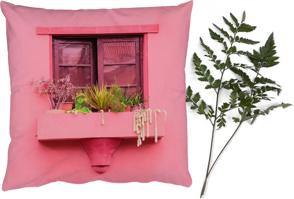 MuchoWow Zierkissen Sofakissen Wohnzimmer Dekokissen 60x60 cm Fenster - Pflanzen - Rosa - Pflanzgefäß - Sitzfläche - Foto Polster