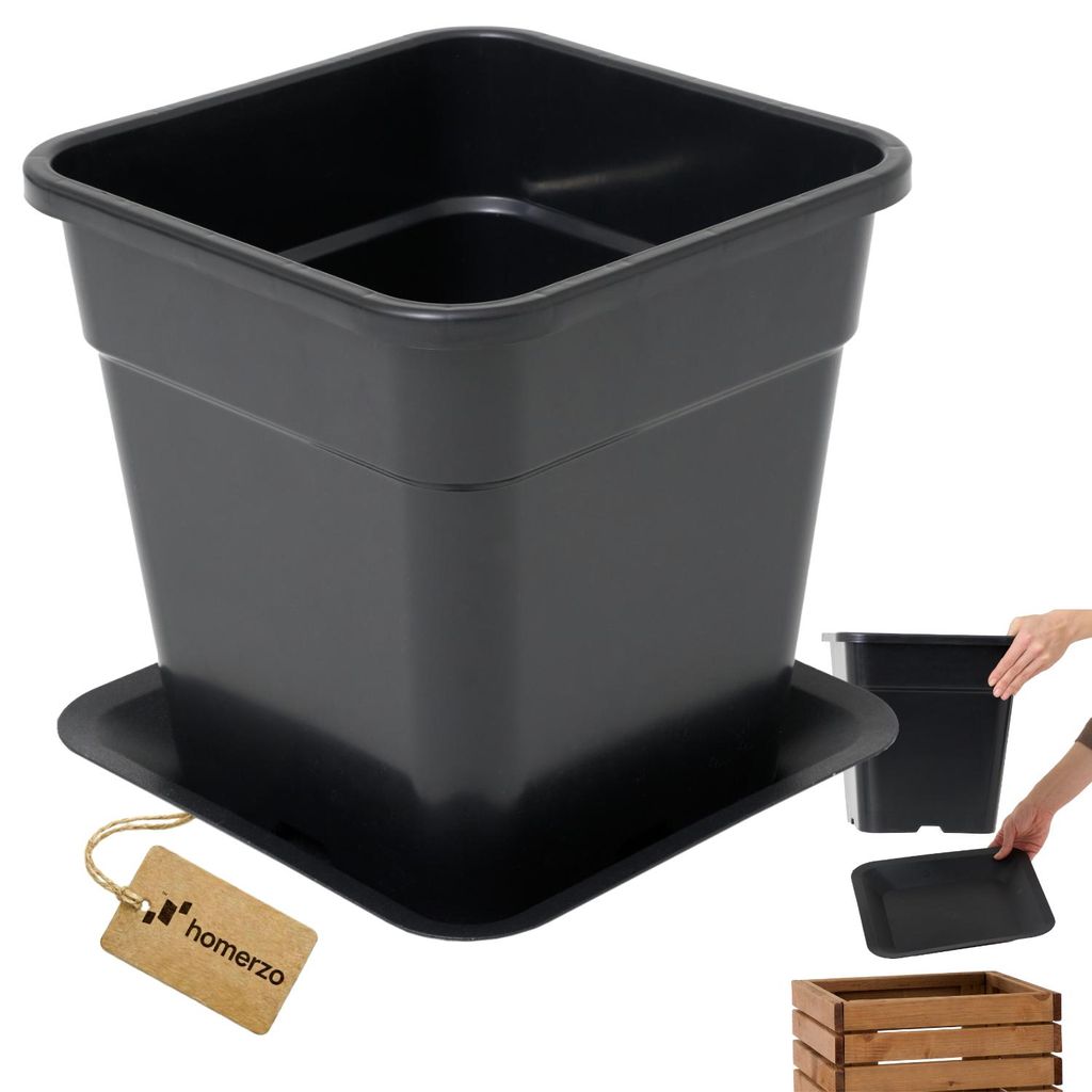 Quadratischer Pflanztopf 18L Schwarz - Professioneller Anzuchttopf mit Bodenlöchern - Kunststoff Pflanzcontainer 30x30 cm (mit Untersetzer, 1, St...
