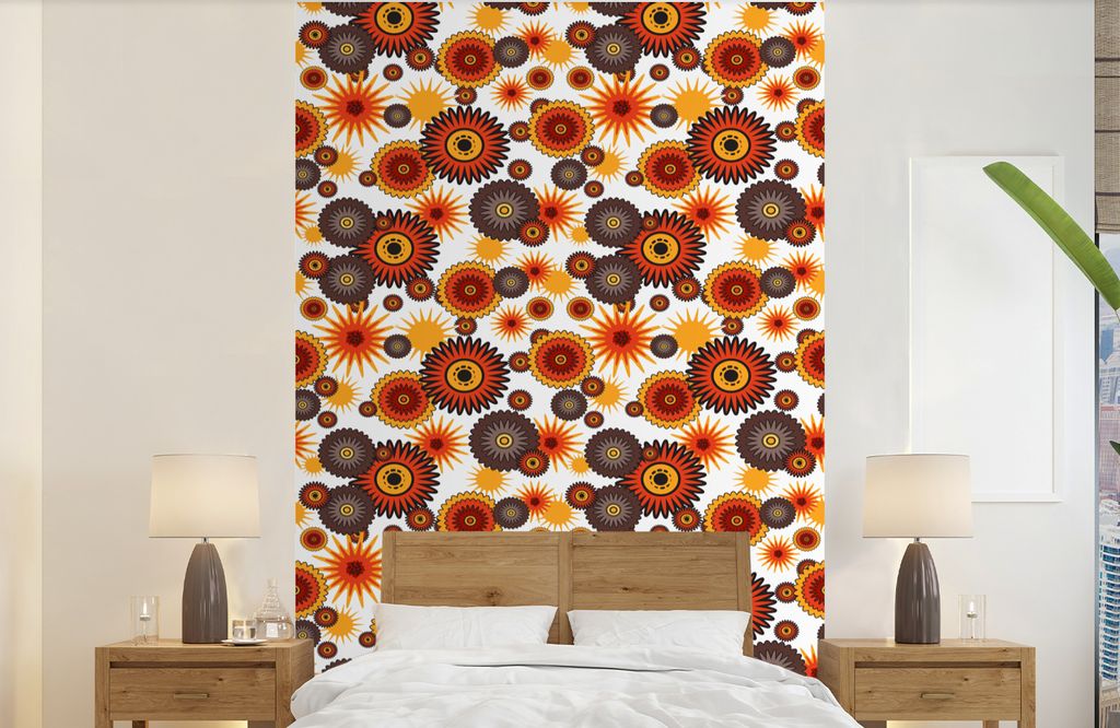 MuchoWow Fototapete für Wohnzimmer oder Schlafzimmer Wandtapete Vinyl Motivtapete Design - Retro - Orange - Blumen - 140x220 cm - Fototapeten