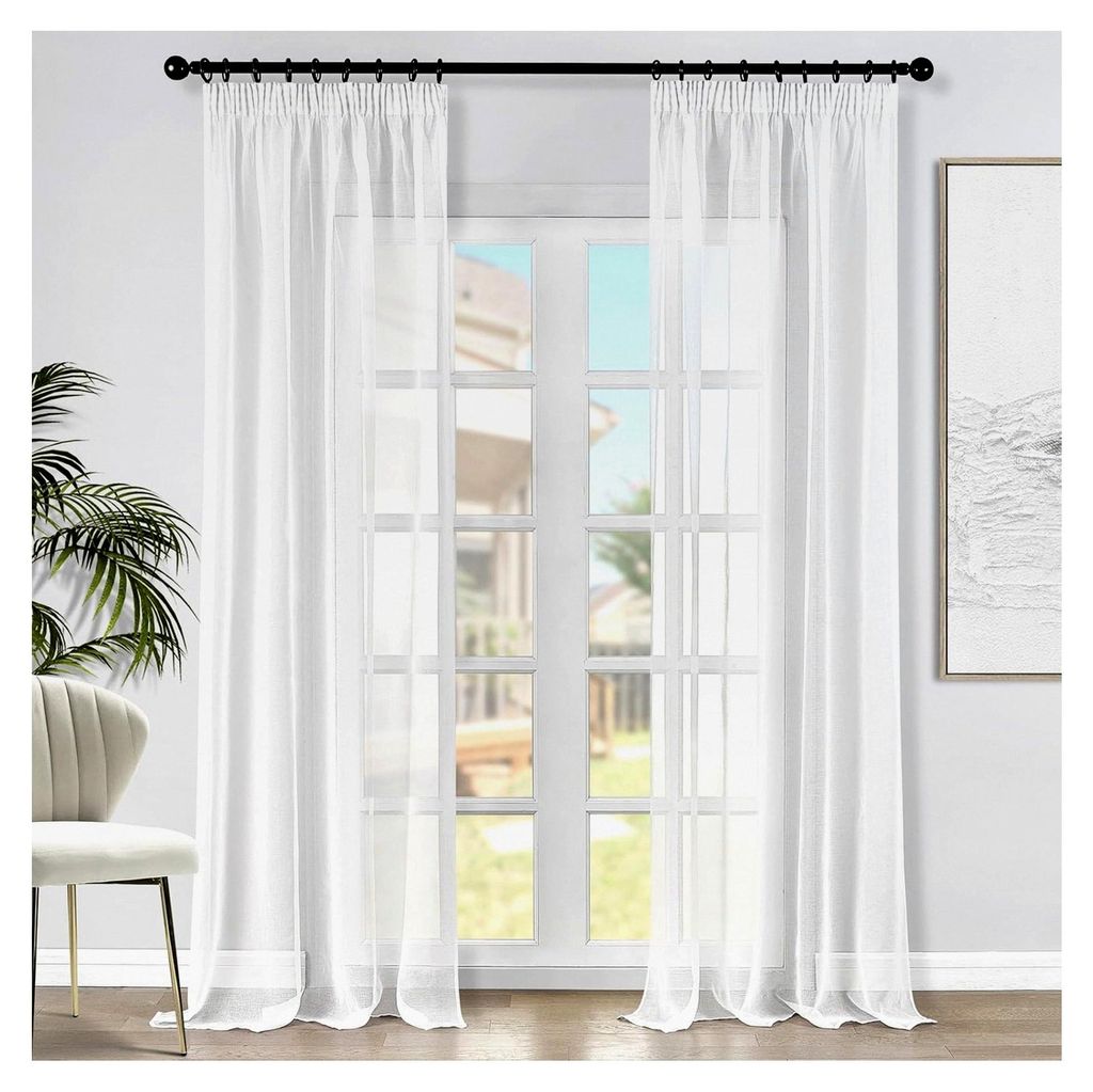 Voile Gardinen mit Kräuselband in Leinen-Optik, transparent, für Wohnzimmer und Schlafzimmer, einfarbig Weiß, 2er Set 140x245cm (BxH)
