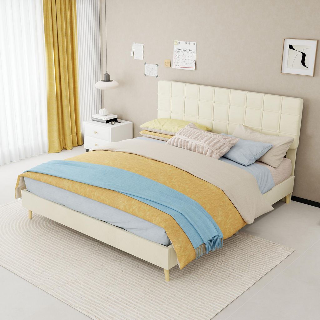 Polsterbett 160x200 cm Beige Stoffbett mit Kopfteil Karosteppung Modernes Doppelbett Bettgestell Stabil & Geräuschlos inklusive Lattenrost