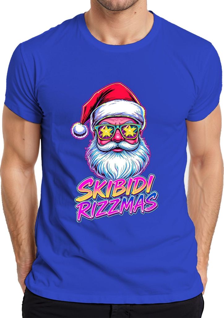 SKIBIDI RIZZMAS Weihnachtsmann Neon Brille Retro 80er Party Lusti Herren T-Shirt, Blau, XXL