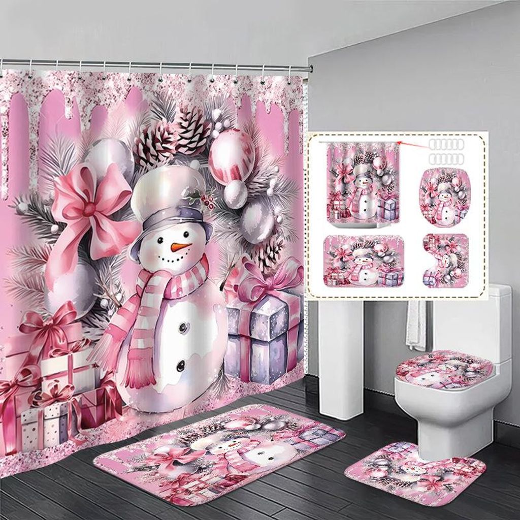 Weihnachtliches Duschvorhang-Set fürs Badezimmer, 4-teilig: Duschvorhang, rutschfeste Badematte, WC-Deckel und Badematte