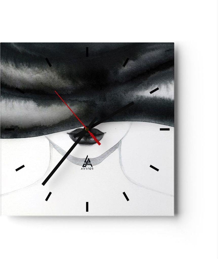 Wanduhr - Quadrat - Glasuhr - Frau Hut Schwarzweiß - 40x40cm - Schleichendes Uhrwerk - Lautlos - zum Aufhängen bereit - Dekoration Modern - Wandd...