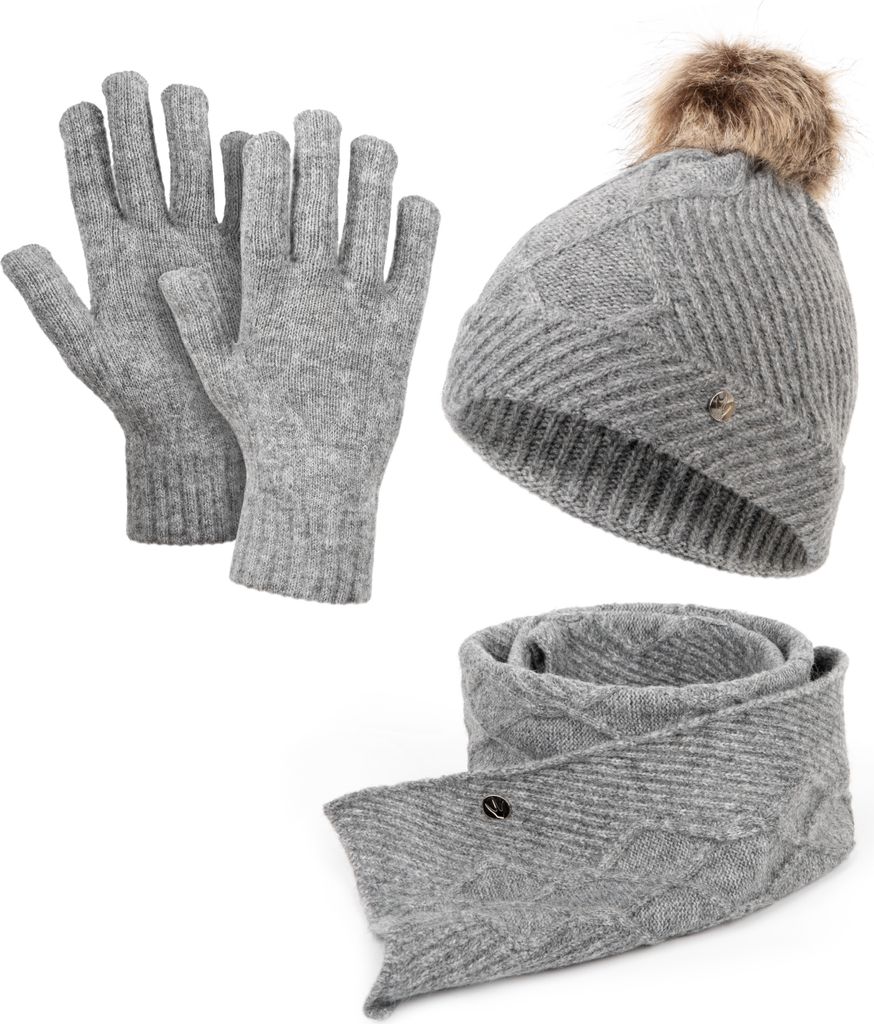 Damen Mütze Schal Handschuhe Set, HEYO Winter-Accessoires, Wintermütze Strickschal, Strickmütze mit Bommel, Bommelmütze HZ0012 Grau
