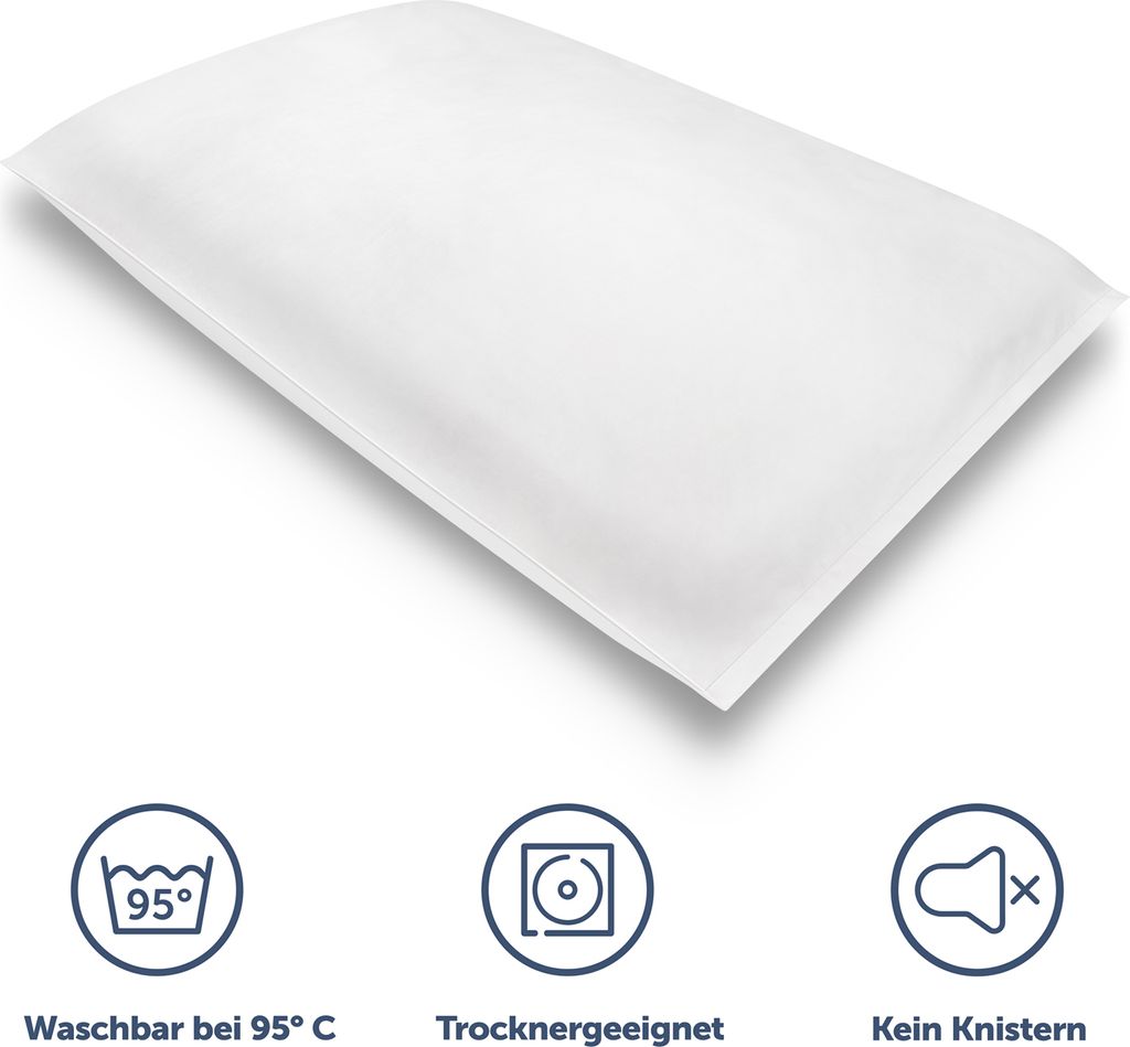 A white pillow is shown on a white background with three icons below it indicating product features.