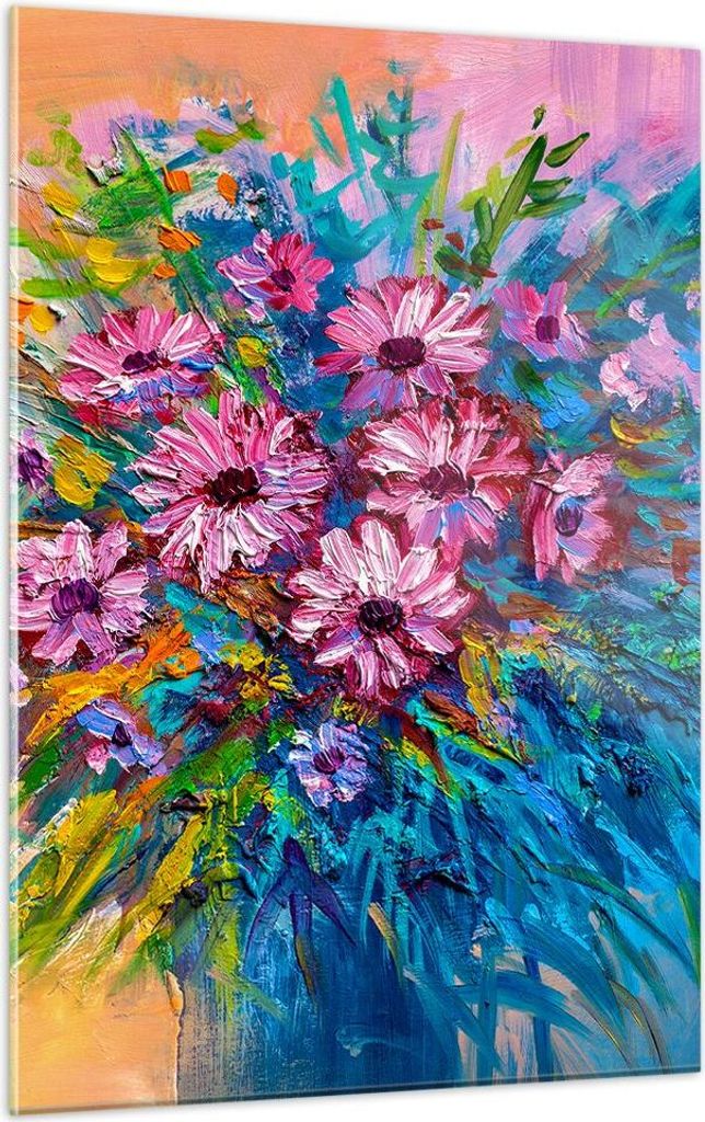 Bilder auf glas - Einteilig - Blumenstrauß Blumen Öl - 50x70cm - Glasbilder - Wandbilder - Bilder - zum Aufhängen bereit - Wanddekoration aus Gl...