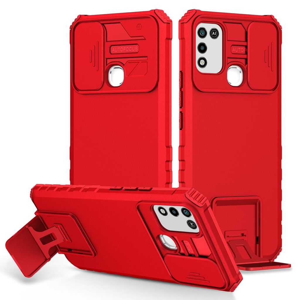 Infinix Hot 11 Play Hülle, Dual Layer Ständer Schutzhülle mit Schiebe Kamera Schutz für Infinix Hot 11 Play/Hot 10 Play/Hot 9 Play Rot