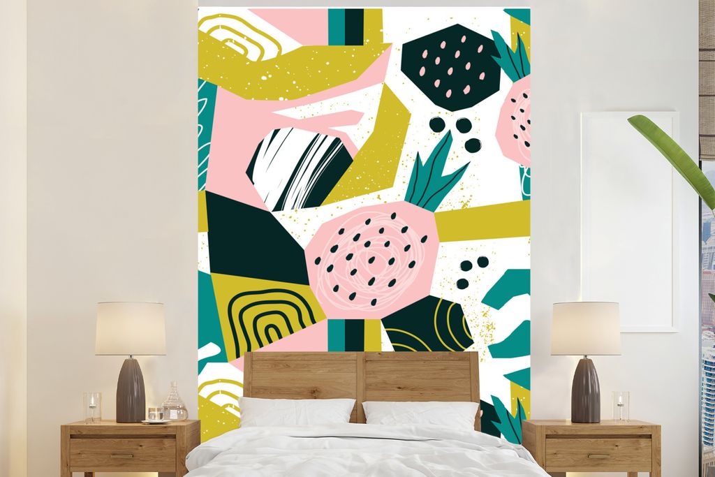 MuchoWow Fototapete für Wohnzimmer oder Schlafzimmer Wandtapete Vinyl Motivtapete Rosa - Blau - Schwarz - Muster - 195x300 cm - Das Hintergrundbild