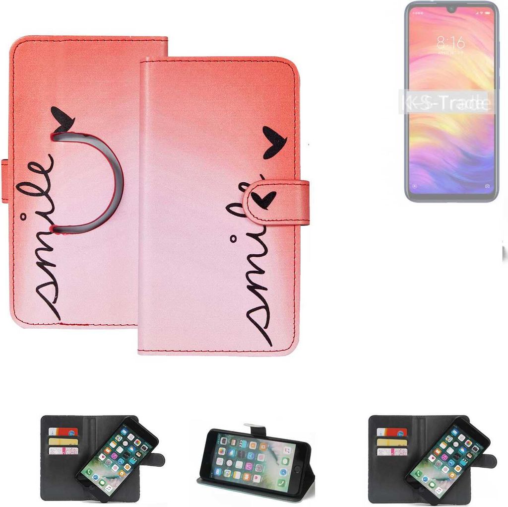 K-S-Trade Schutzhülle Handyhülle kompatibel mit Xiaomi Redmi Note 7 india Hülle cover bookstyle Etui ''smile'' rot Standfunktion Kameraschutz