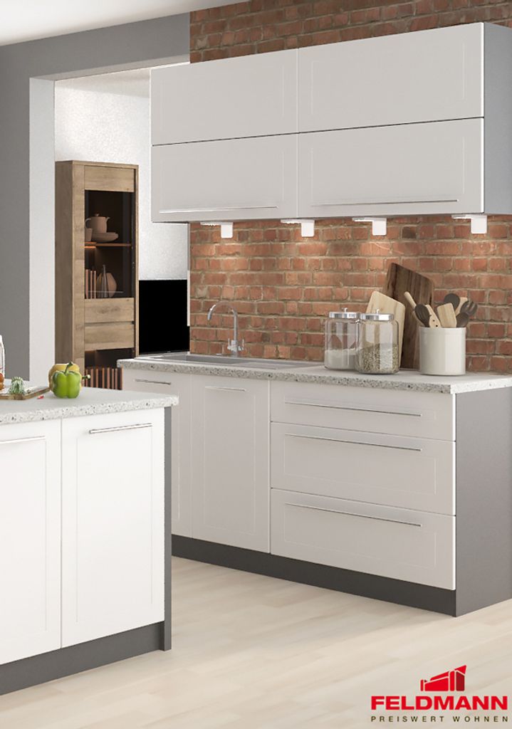 Küchenblock KVANTUM Küchenzeile 4-teilig 160cm lava Front MDF weiß matt Teilauszug