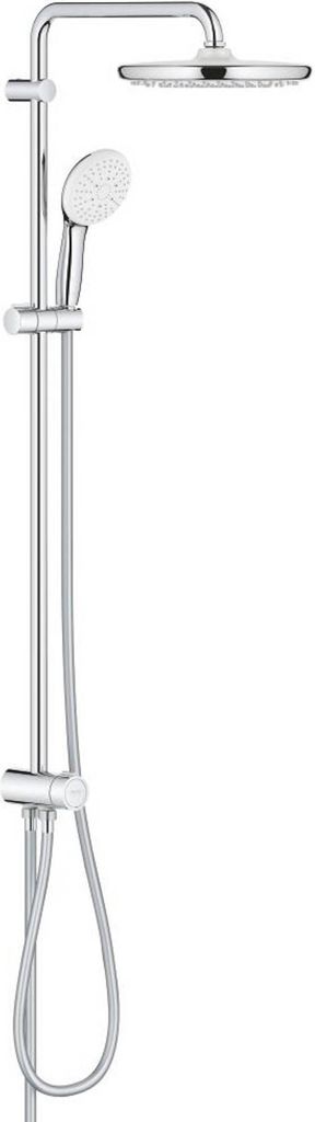 A chrome shower system with a rain shower head and a handheld shower head on a vertical rail.