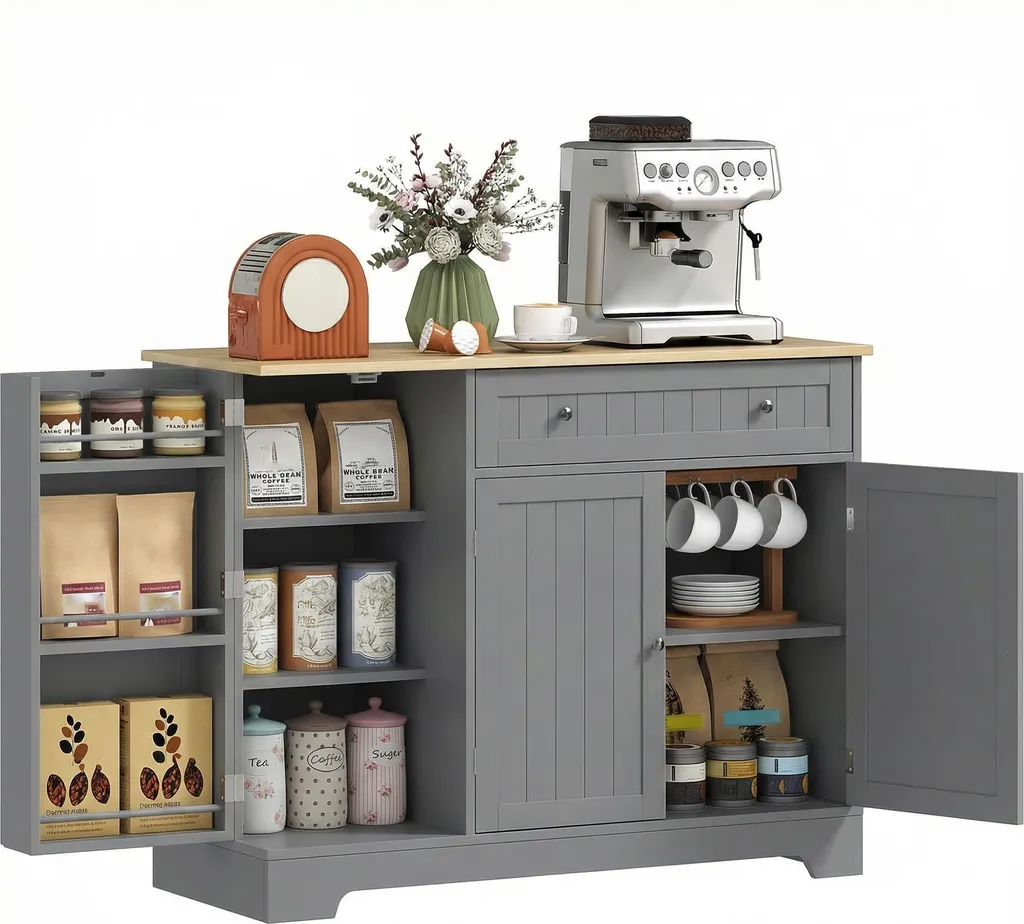 Buffet de cuisine 3 portes et 1 tiroir en bois d'hévéa gris foncé 105cm