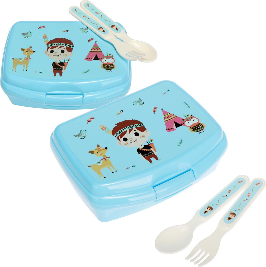 com-four 6-teiliges Set aus Lunch-Box und Besteck, mit lustigen Indianer- und Tiermotiven für Jungen und Mädchen, Brotdose mit Löffel und Gabel