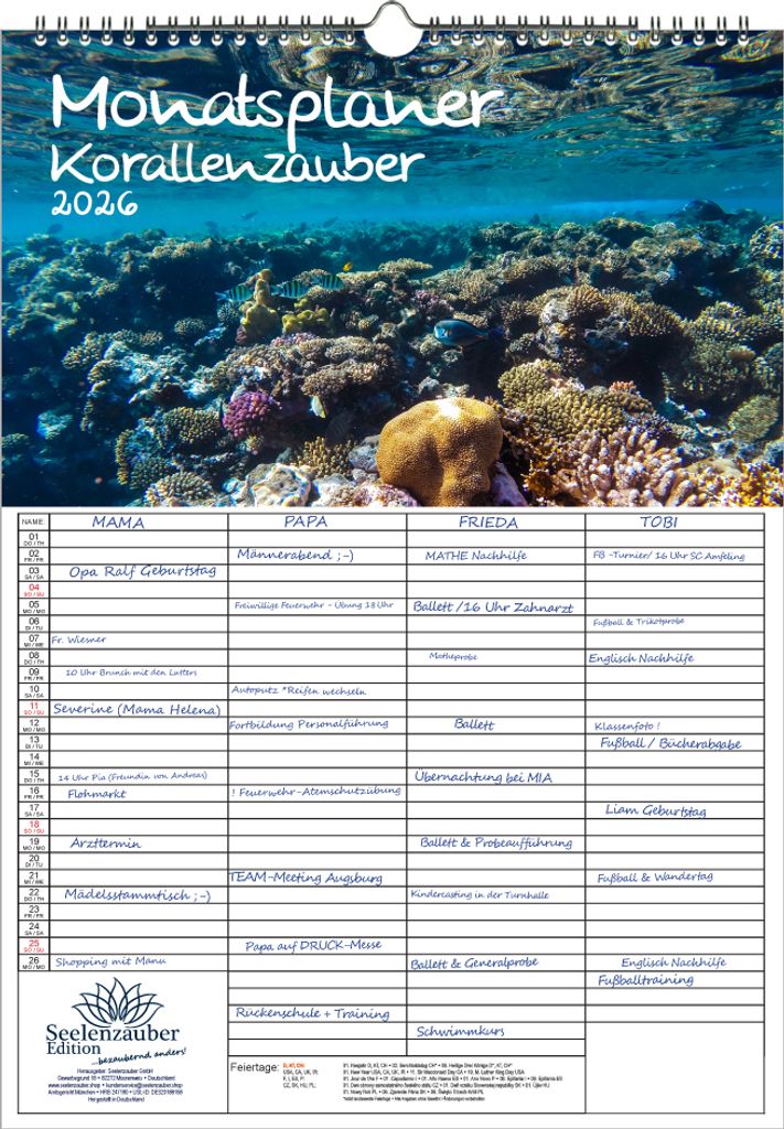 Korallenzauber Planer Familienplaner 4 Spaltenplaner DIN A3 Kalender für 2026 Unterwasser Korallen - Seelenzauber