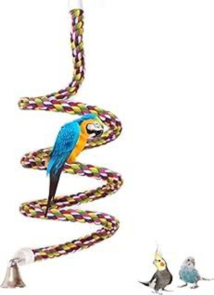 ASOCEA Vogel Seil Sitzstangen,160cm Vogel Kletterseil mit Glocke Bunte Spirale Baumwollseil Durchmesser 18mm Papageienspielzeug für Wellensittiche...