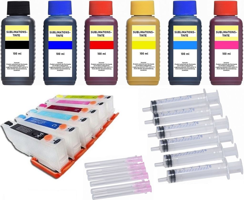 Nachfüllbare Tintenpatronen kompatibel mit Epson T24 XL + 6 x 100 ml Sublimationstinte für Expression Photo XP-55, 750, 760, 850, 860, 950, 960, 970