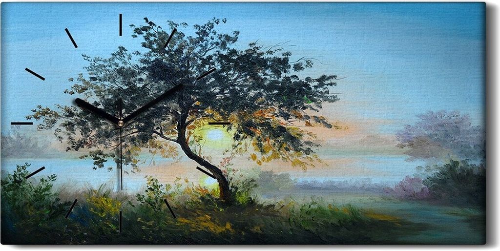 Wanduhr Uhr Wandbild Leinwand 60x30 Ölgemälde Baum Himmel Wasser Sonne Kunst - schwarze Hände
