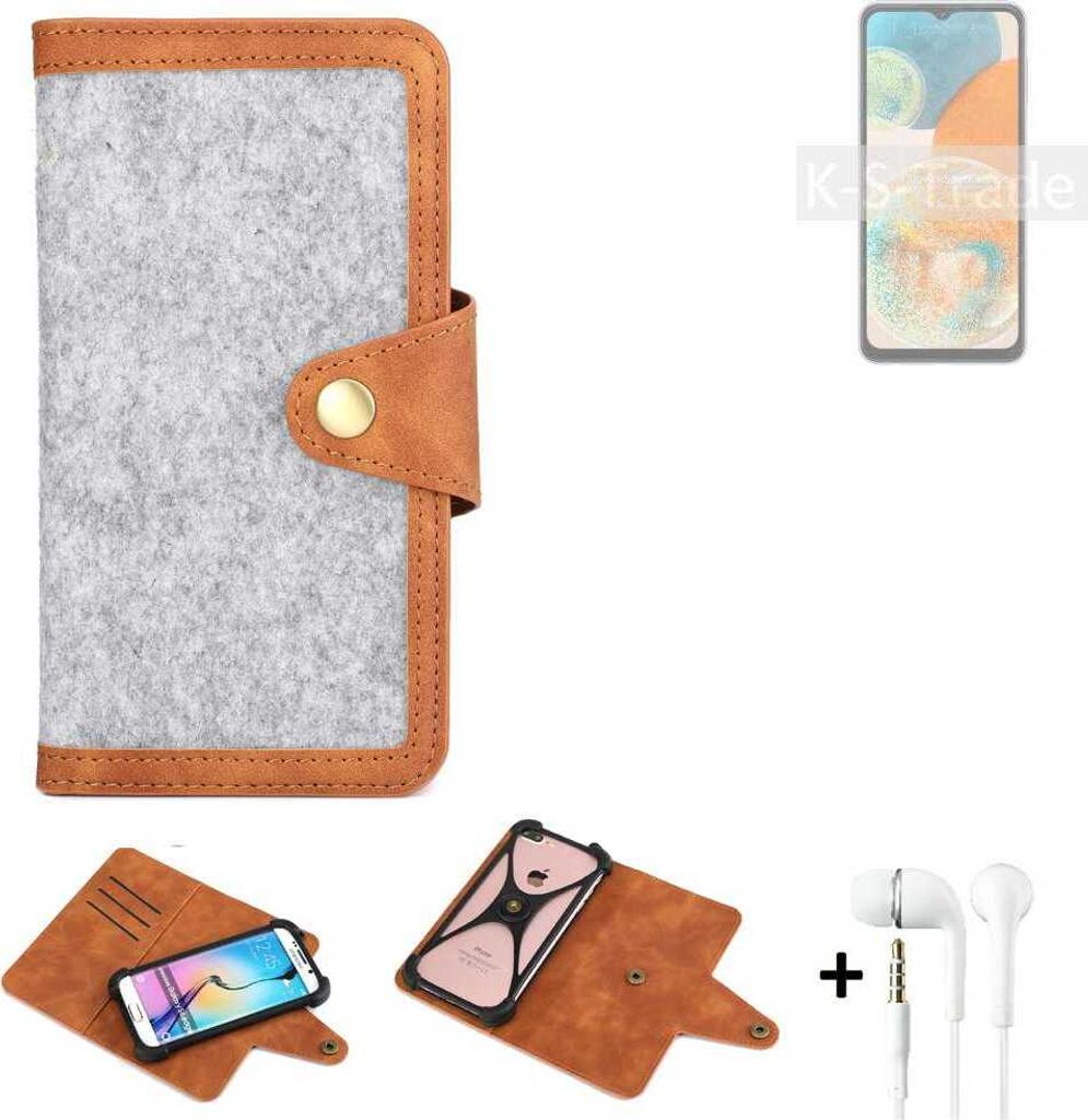K-S-Trade Handyhülle + Kopfhörer kompatibel mit Samsung Galaxy A23 5G Schutzhülle Filz Hülle Kunstleder hellgrau braun (1x)