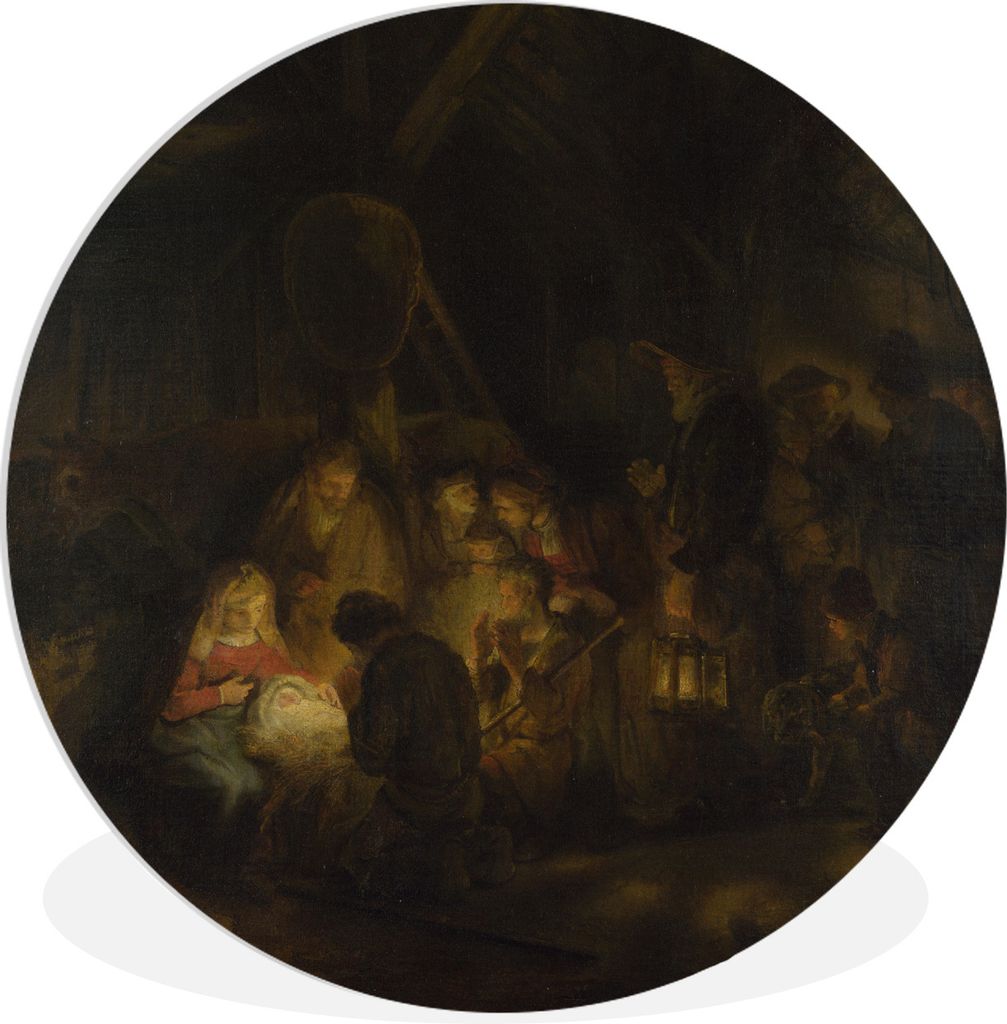 MuchoWow Rundes Wandbild - Runde Bilder Anbetung der Hirten - Gemälde von Rembrandt van Rijn Ø 90 cm Kreis Wanddekoration Kunststoff - Wandkrei...