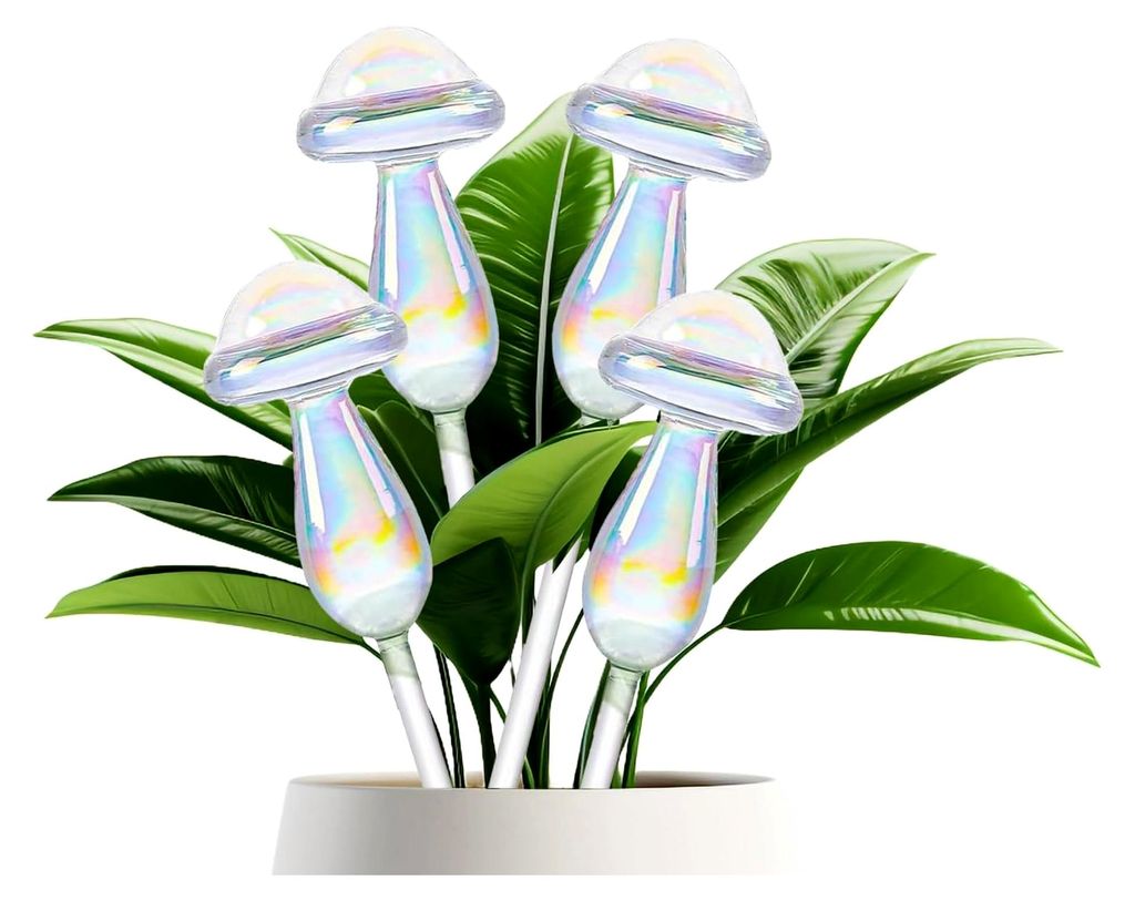 4 Stück Bewässerungskugeln für Pflanzen, Regenbogen-Farbverlauf, klare Pilzform, Glas für Zimmerpflanzen, Garten und Balkon