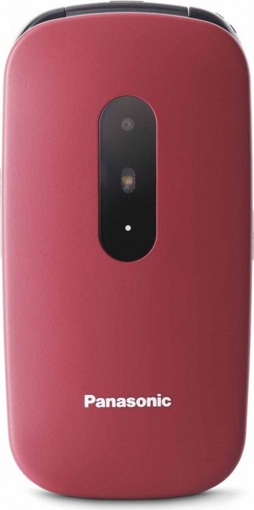 A red Panasonic flip phone is shown against a white background.