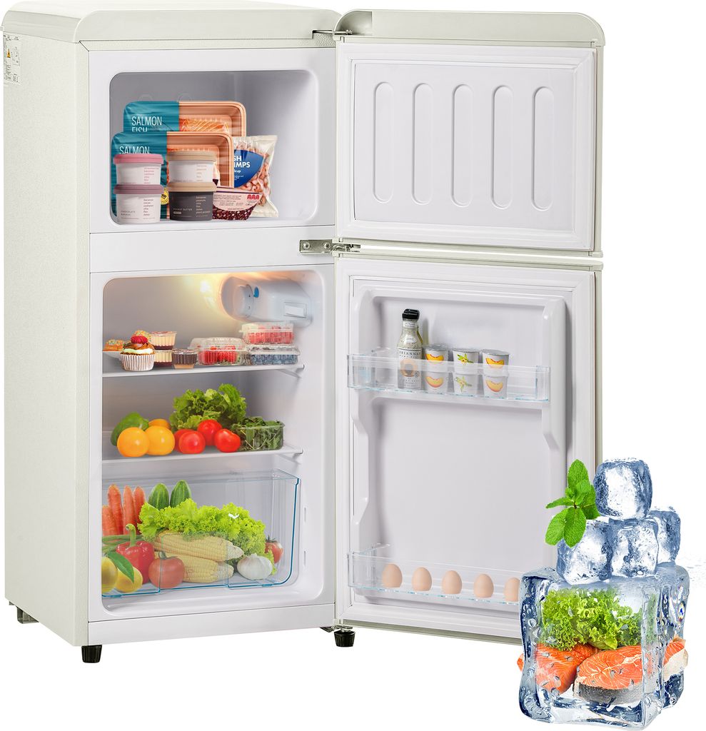 Merax Retrokühlschrank Kühl-/Gefrierkombination BCD-86, Vintage Kühlschrank, verstellebare Ablage und Füße, Doppeltür und LED, 87 cm hoch,60 L