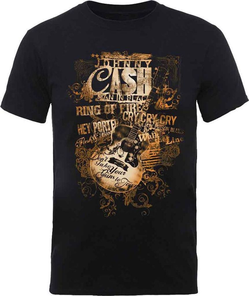 Johnny Cash Guitar Song Titles Black L T-Shirt