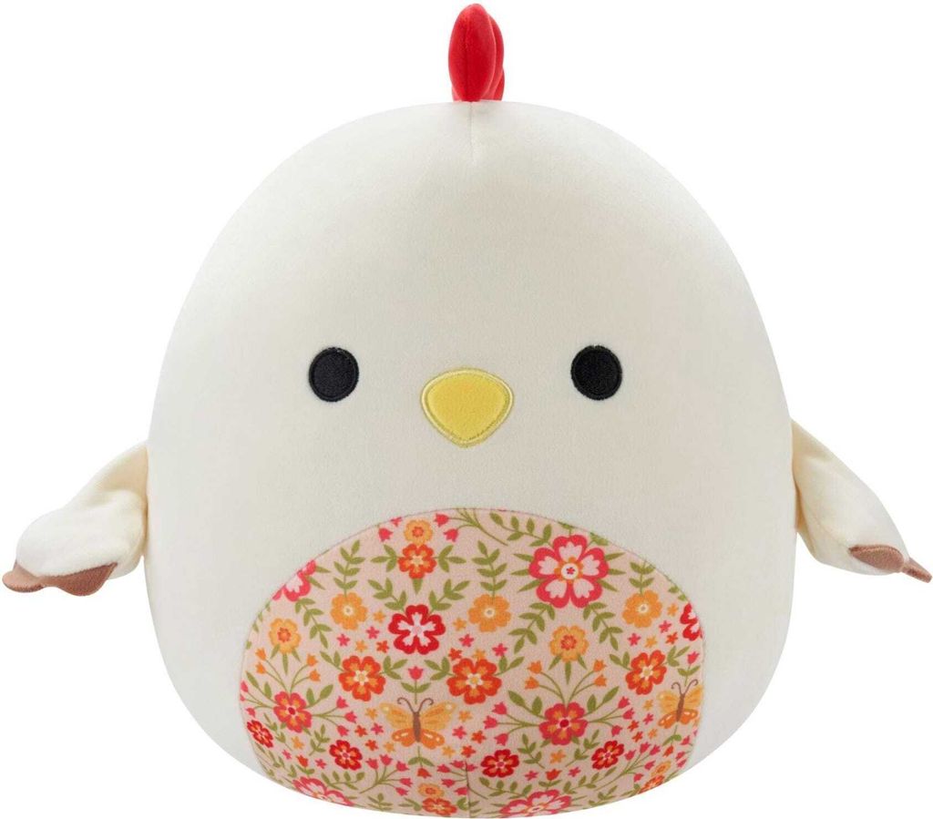 A plush toy chicken with a floral pattern on its belly.