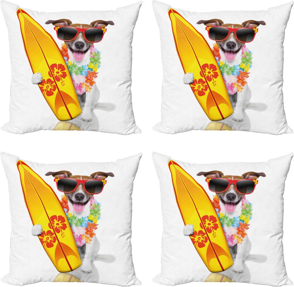 ABAKUHAUS Reite die Welle Kissenbezug Set (4 Stück), Surf Dog Glasses, Moderner Doppelseitiger Digitaldruck, 60 cm x 60 cm, Mehrfarbig
