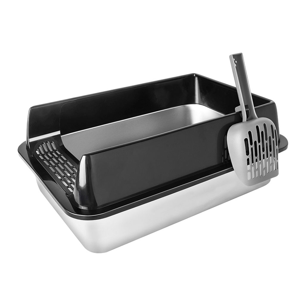 Katzenklo Edelstahl ,XXL Offene Katzentoilette Edelstahl 28L Katzenklo Groß mit Schaufel,für Große Katze Und Großes Häschen 60x40x30cm Schwarz