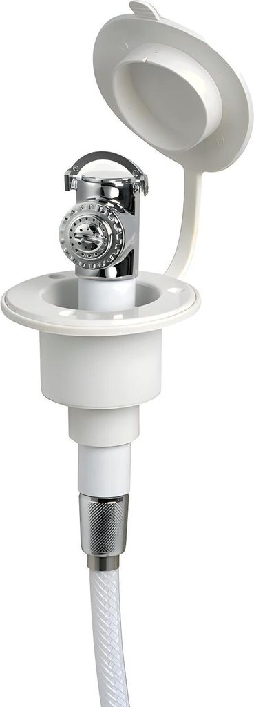 Premium Outdoor Duschsystem für Camper, Boote, Poolbereiche u.v.m., Messing Brausekopf mit Druckknopf, ASA Gehäuse Größe: Sockel weiß - Schlau...