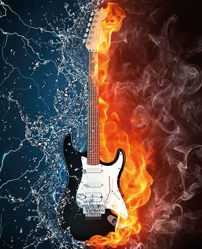 Wallario Sticker / Aufkleber für Kühlschrank / Geschirrspüler / Küchenschränke, selbstklebende Folie - 60 x 80 cm, Motiv: Feuer-Wasser-Gitarre