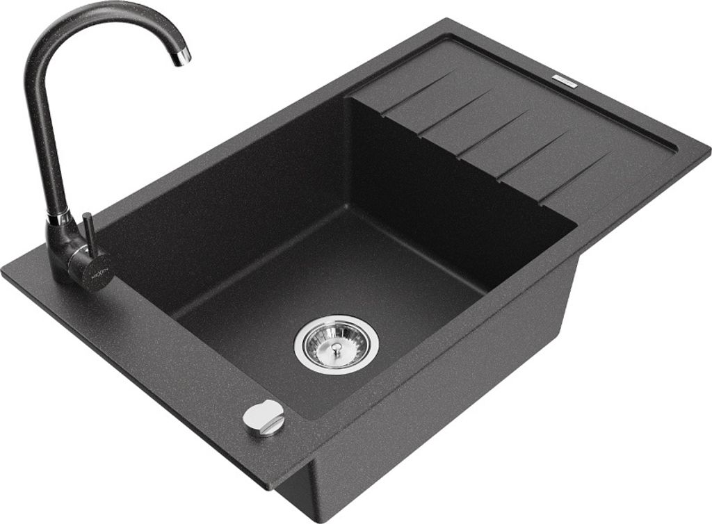 Mexen Elias 1 Becken-Granitspüle mit Abtropffläche und Mischbatterie Telma, Schwarz gesprenkelt - 6511-76-670200-76