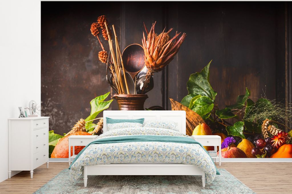 MuchoWow Fototapete für Wohnzimmer oder Schlafzimmer Wandtapete Vinyl Motivtapete Gemüse - Obst - Rustikal - Tisch - 350x260 cm - Wohnzimmer-Ta...