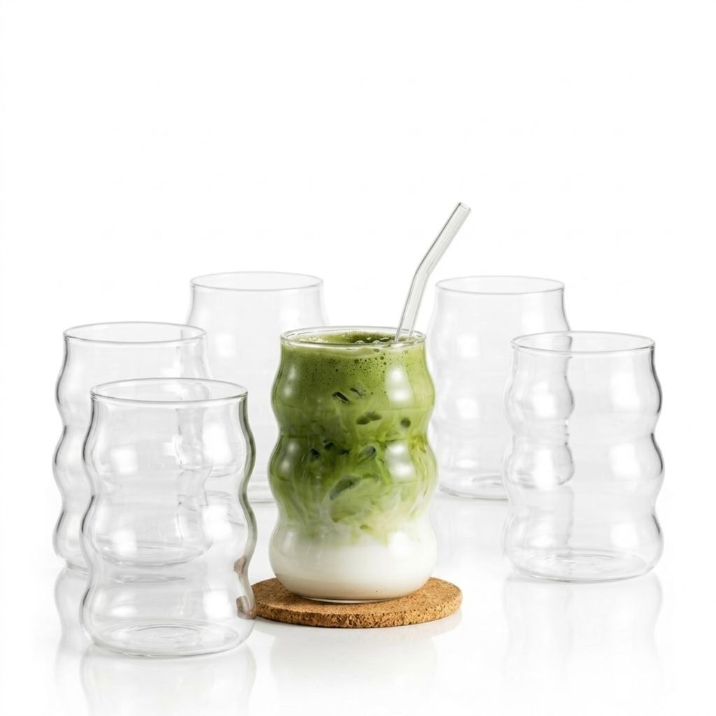 Altınbaş 6er Set Matcha Gläser 400ml - Geriffelte Trinkgläser im Bubble Form