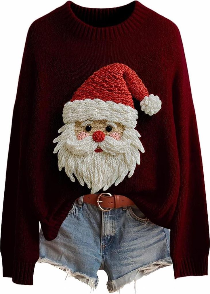 ASKSA Damen Weihnachtspullover,Strickpullover Rundhals Pulli Sweater Herbst Winter Warm Strickpulli Weihnachtspulli (D-Rotwein,M)