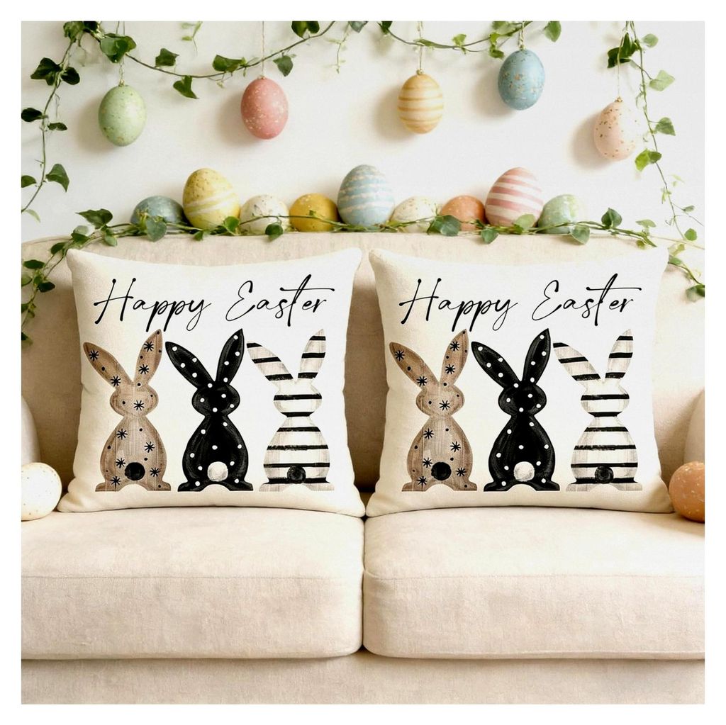 Kissenbezug Ostern 2er Set 45x45 cm, Deko Kissenhülle Hase Modern für Sofa Wohnzimmer, Leinenoptik Dekokissen Ostern Deko für Zuhause und Garten...
