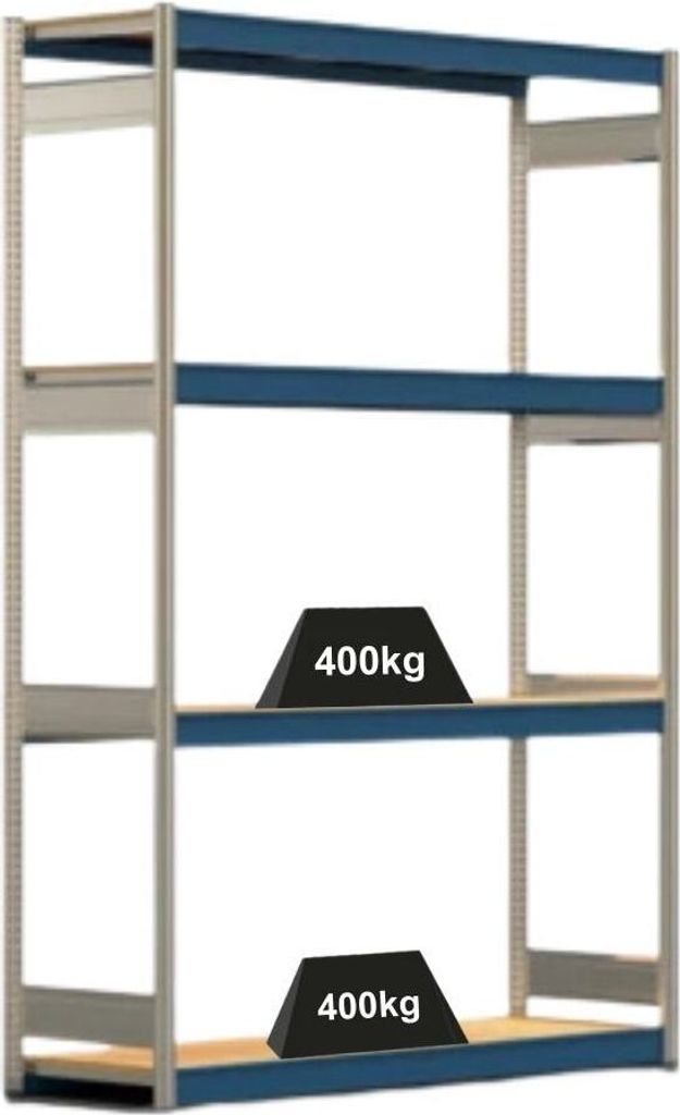 Weitspannregal ELCH Stecksystem T-Profil | Grundregal | HxBxT 250x175x50cm | 4 Ebenen | Spanplatten-Fachboden | Fachlast 400kg | Enzianblau