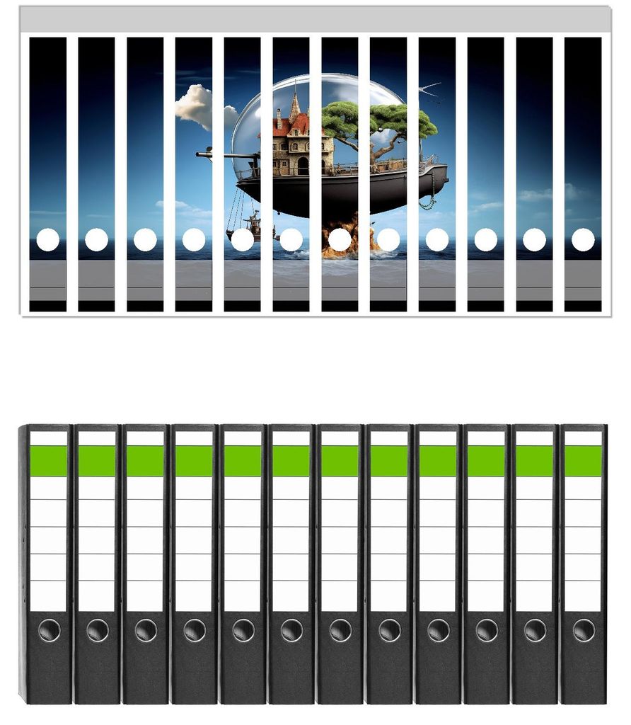 Wallario 12 Stück schmale Ordner inkl. Klebeetiketten mit Motive Schwebende Inselträume - Set mit Rückenschildern / Ordnerrücken Stickern