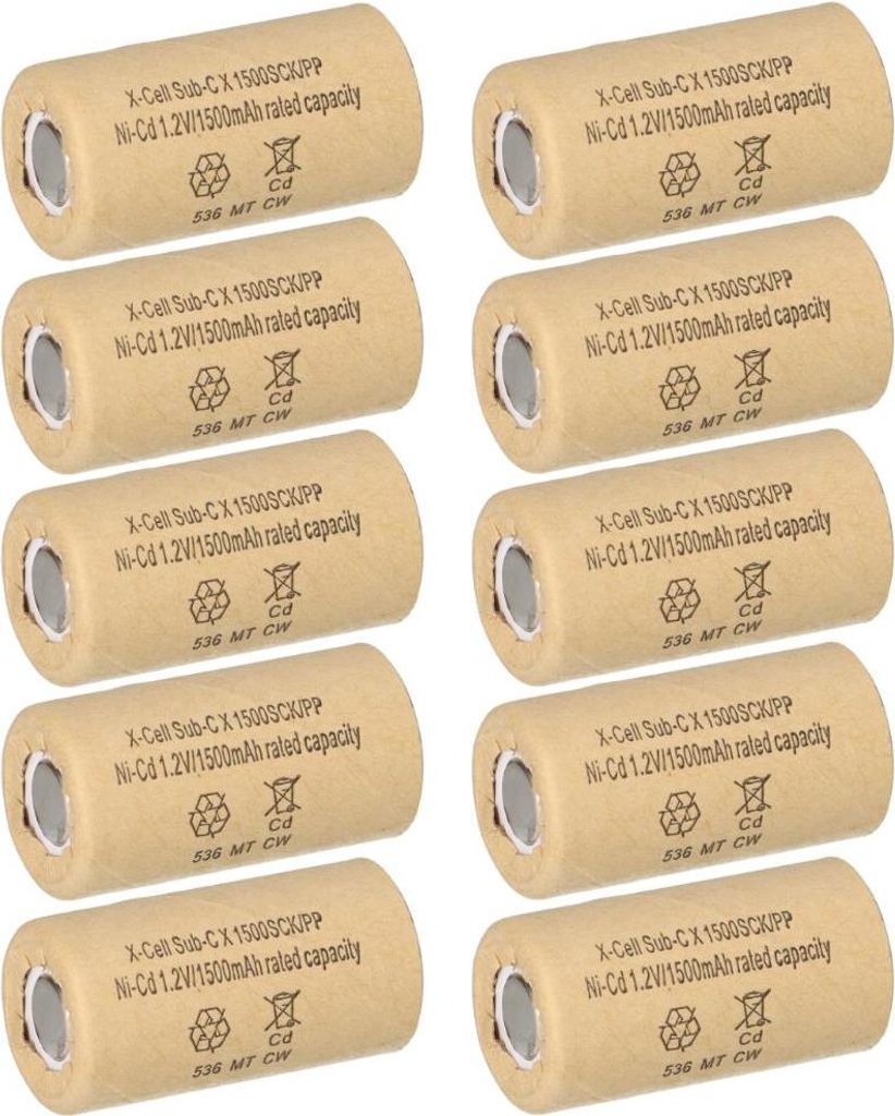 10x XCell Akku Sub-C 1,2V 1500 mAh 1500SCK PP Pappmantel NiCd Hochstrom