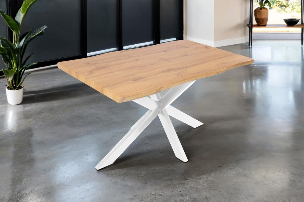 Esstisch Josy | 140 x 80 cm | Holz Wildeiche-Optik | Spider-Gestell Metall Weiß | 40 mm Tischplatte mit Baumkante | Tisch für Esszimmer & Küche
