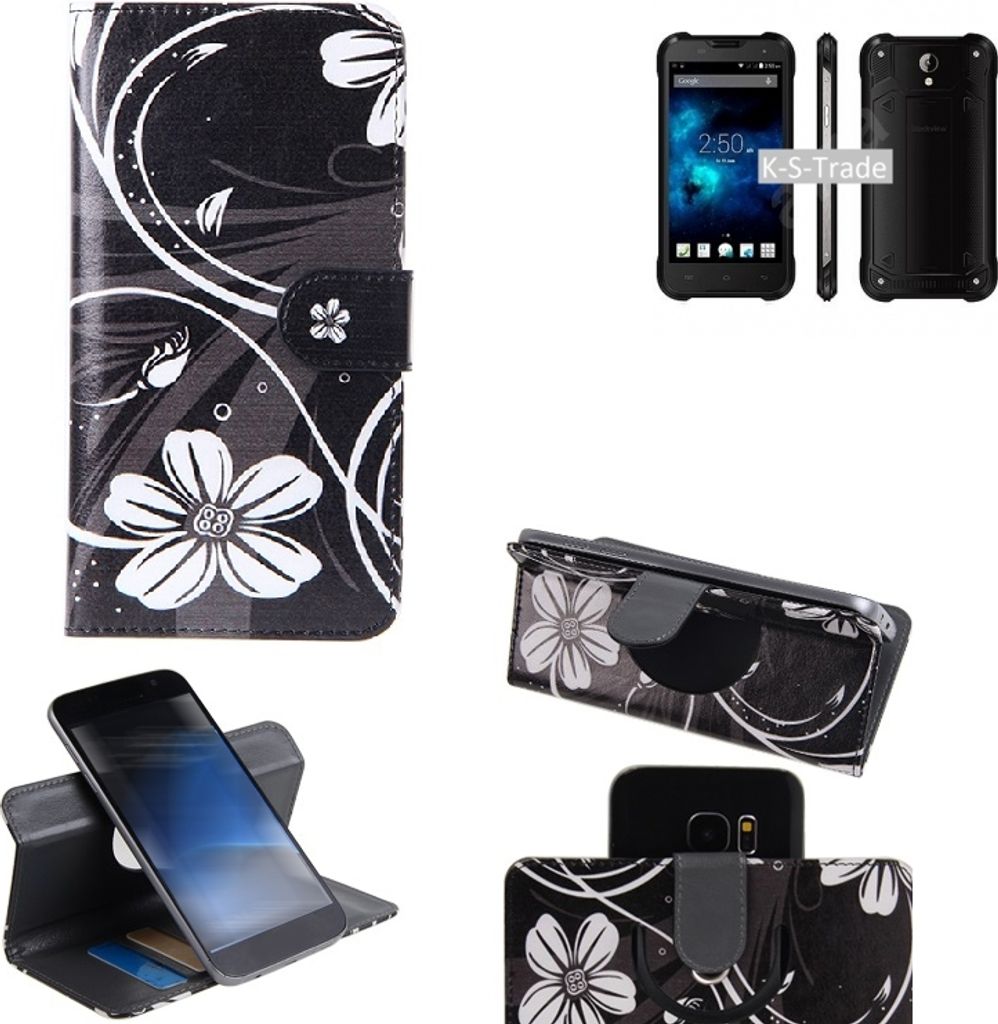 K-S-Trade Schutzhülle Handyhülle kompatibel mit Blackview BV5000 Hülle 360° Wallet Case ''Flowers'' Klapphülle Hülle schwarz-weiß 1x