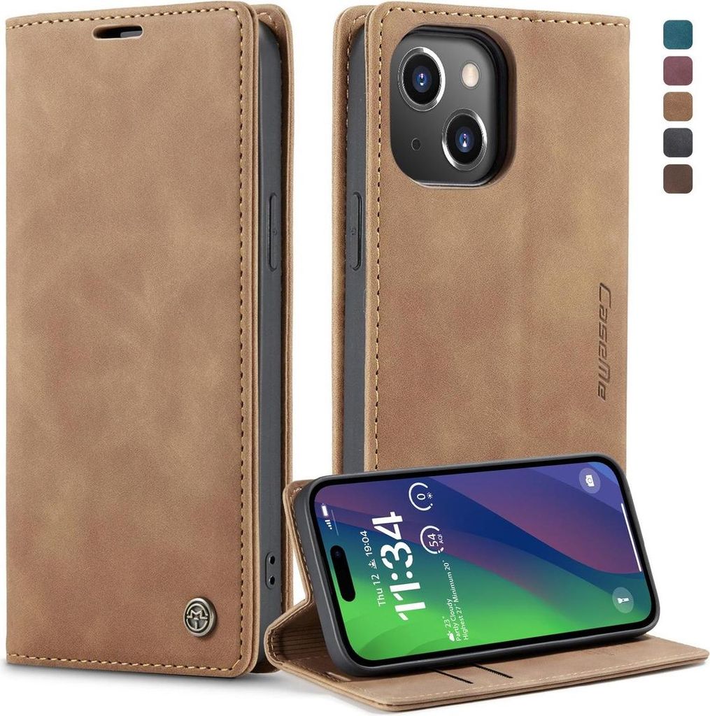 Schutzhülle Handyhülle für Apple iPhone 14 Serie Case Cover Kartenfach, Farbe:Braun, Modell wählen:Apple iPhone 15